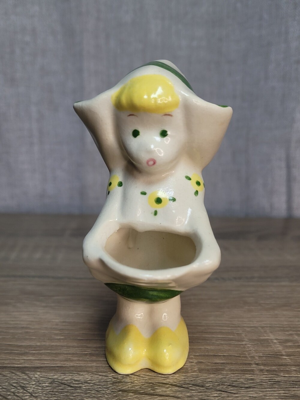 Vintage Ceramic Dutch Girl Figurine Planter in Yellow and Green